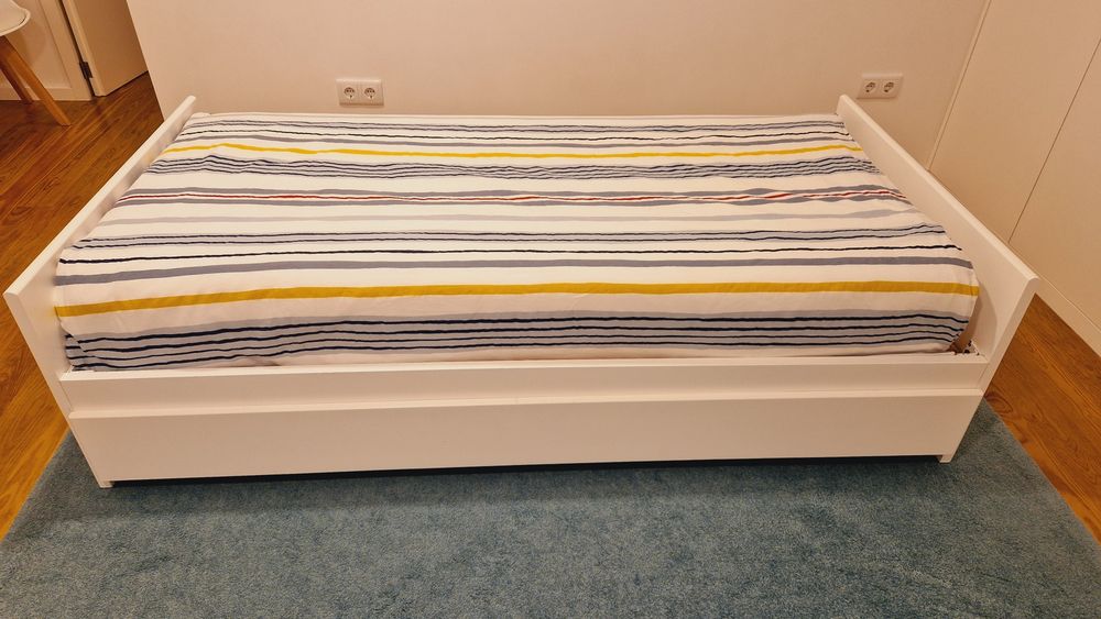 Cama Solteiro Maciça Lacada Branco Com Gavetão