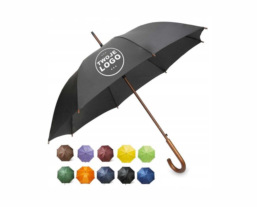 Reklamowy PARASOL z twoim nadrukiem LOGO - Drewniana rączka