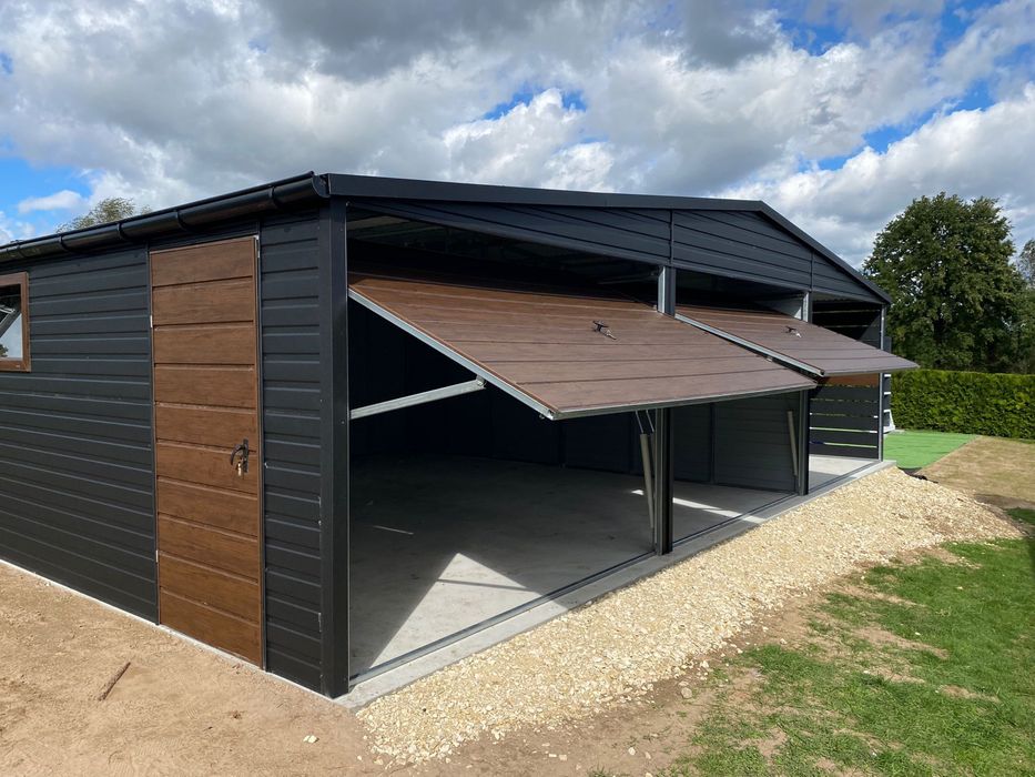 Producent: garaż blaszany grafit mat + orzech 9x6. PROFIL ZAMKNIĘTY