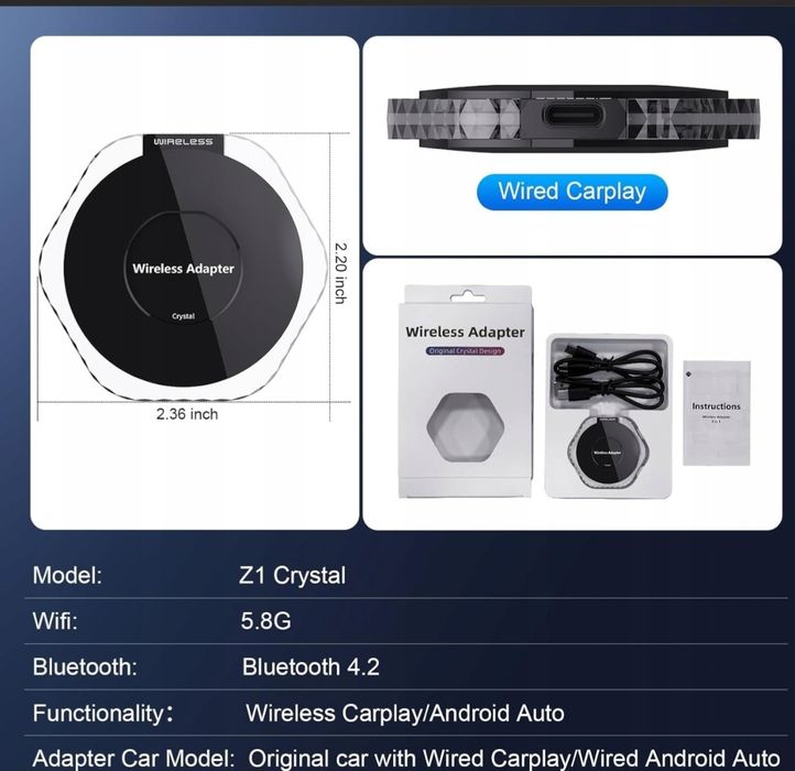 Z1 CRYSTAL Bezprzewodowy adapter Carplay 2w1 Android Auto, iOS 10+