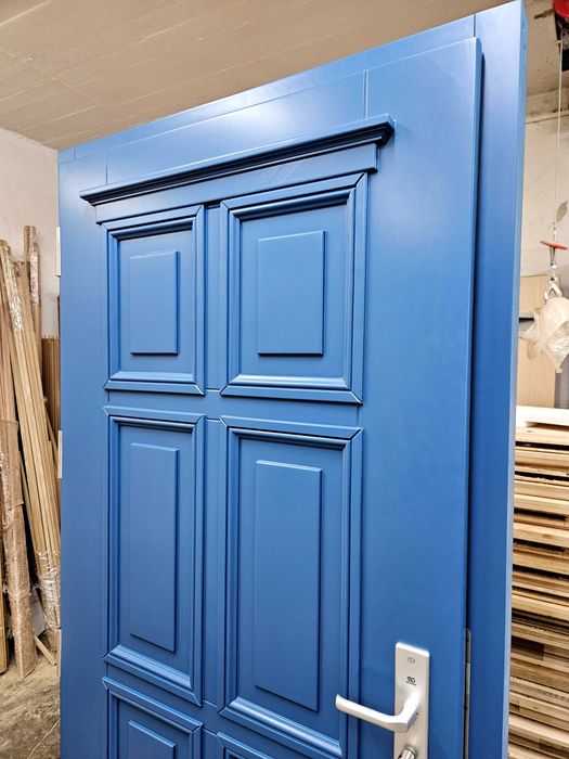 Drzwi DŁUGOSZ zewnętrzne drewniane wejściowe niebieski RAL5009 GOTOWE