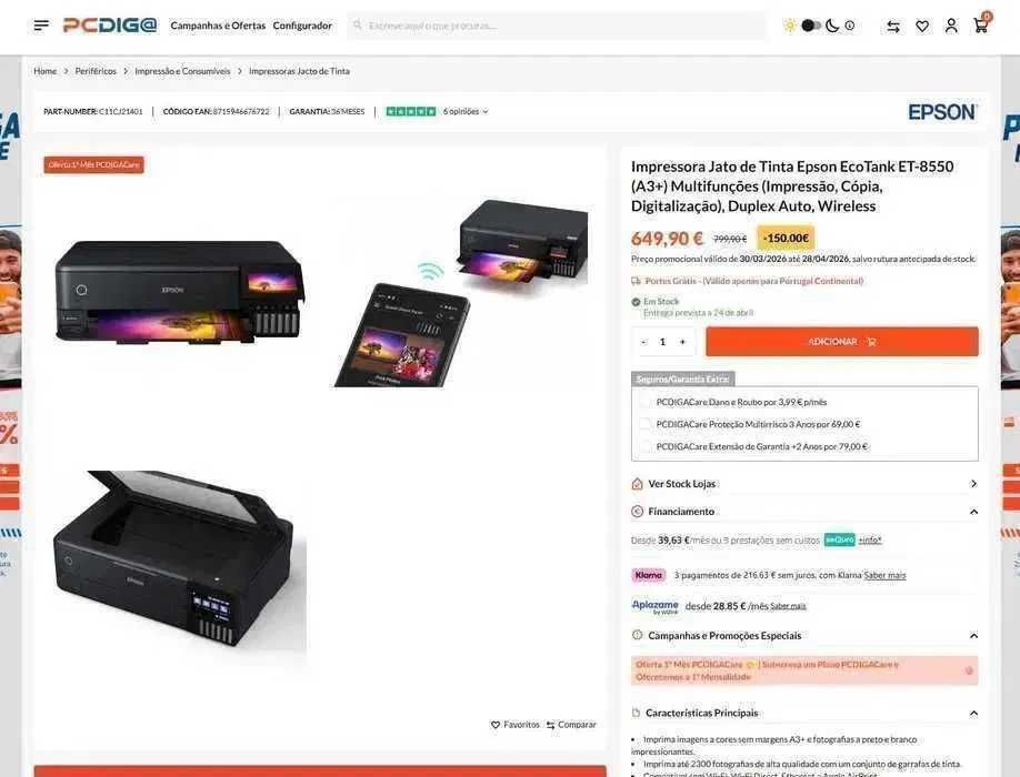 este preço so hoje - Impressora Jato de Tinta Epson EcoTank ET-8550 (A3+)