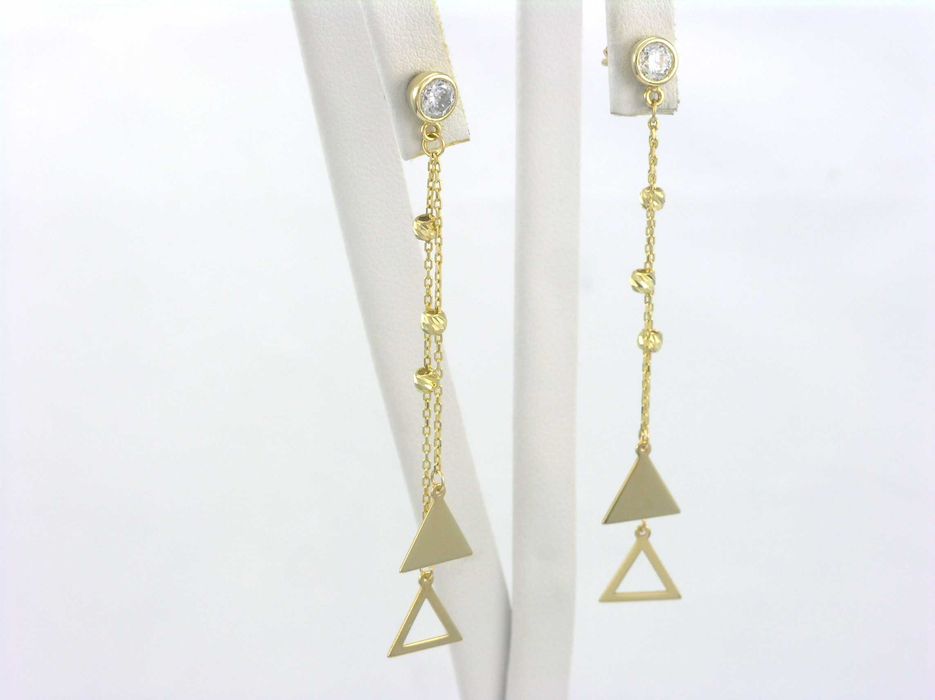 Złote kolczyki wiszące łańcuszki z trójkątami i kuleczkami próba 585