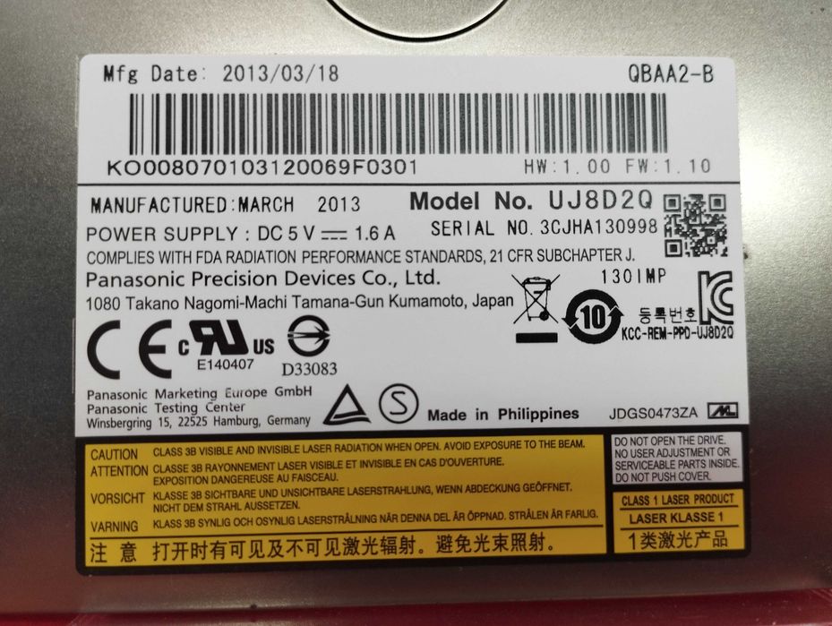 DVD-RW пишущие приводы для ноутбуков 9,5мм рабочие Panasonic UJ8D2Q, Philips DU-8A5LH