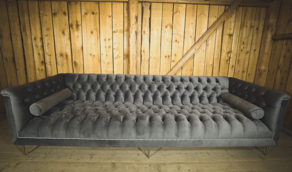 Duża Sofa Kanapa Na Wymiar Chesterfield Popiel Szara TV Pit Retro PRL