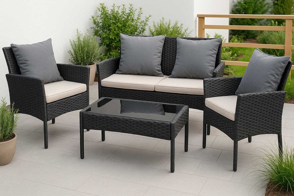 MEBLE OGRODOWE Ratanowe Czarne Zestaw 4 Osobowe - SOFA + KRZESŁA + STÓŁ i PODUSZKI GRATIS Komplet na Balkon Taras