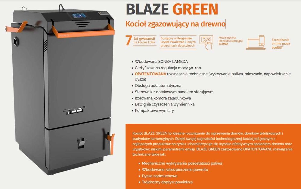 Zgazowujący kocioł na drewno BLAZE GREEN 18kW - Super cena