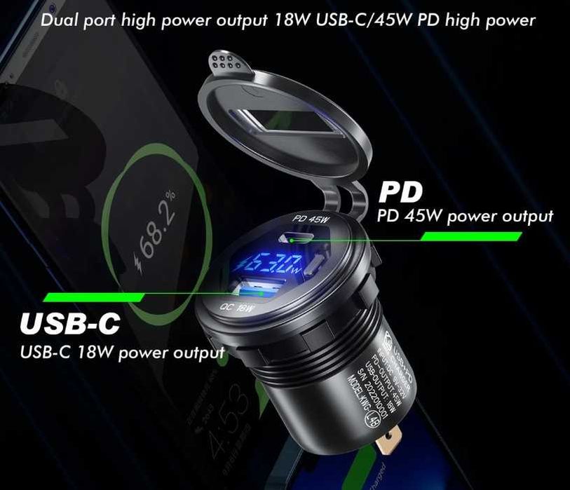 Carregador PD 45W + USB QC3.0 18W 12V / 24V