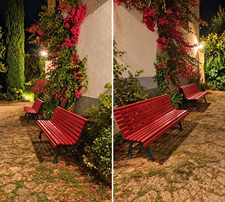 Bancos de jardim antigos em madeira e ferro fundido – Vermelho