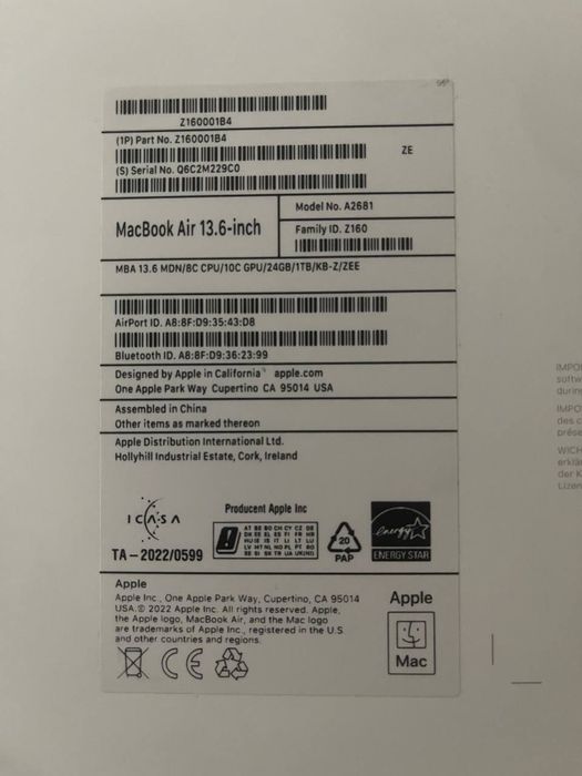 MacBook AirM2 (2022)/24 GB RAM/1 TB SSD/Stan idealny/91% bateria