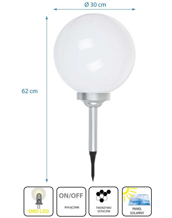Dużą lampa  solarna KULA MLECZNA 30x62CM