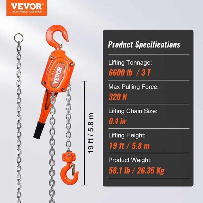 Wciągarka   VEVOR Chain Hoist 3T 20FT HS3-6