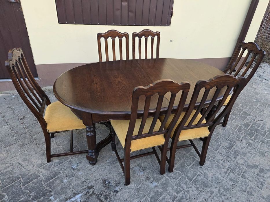Piękny 100% dębowy stół rozkładany z 6 krzesłami meble holenderskie