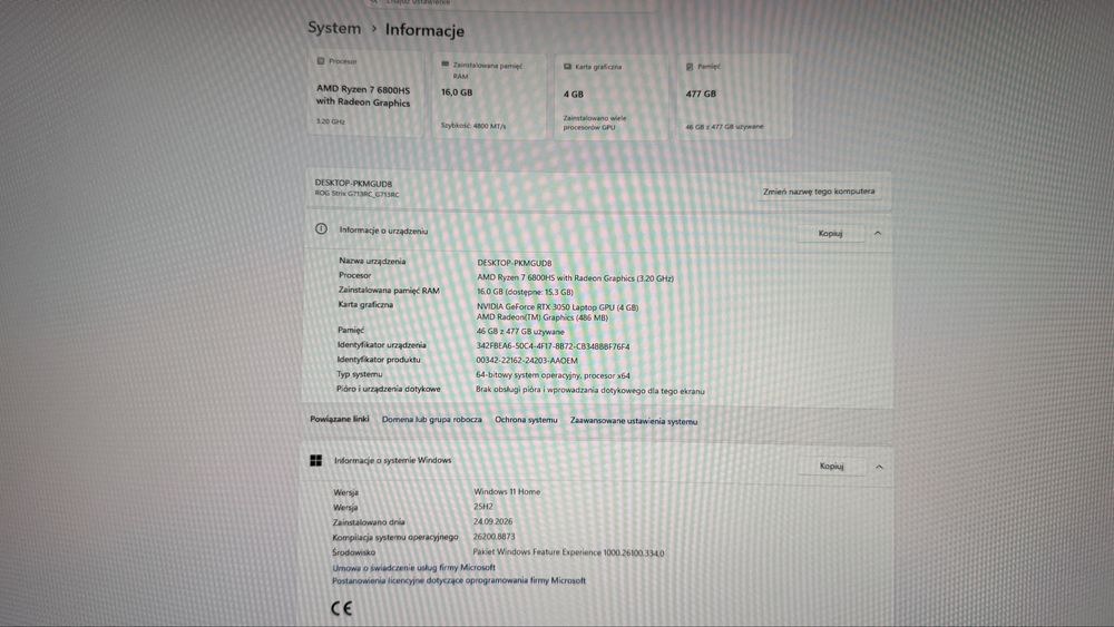 Asus ROG Strix G17 R7-6800HS 16GB DDR5 512GB m.2 laptop do gier 17.3" 144Hz