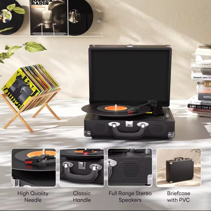 Toca-Discos Vintage com Bluetooth e 3 Velocidades - Mala Retro