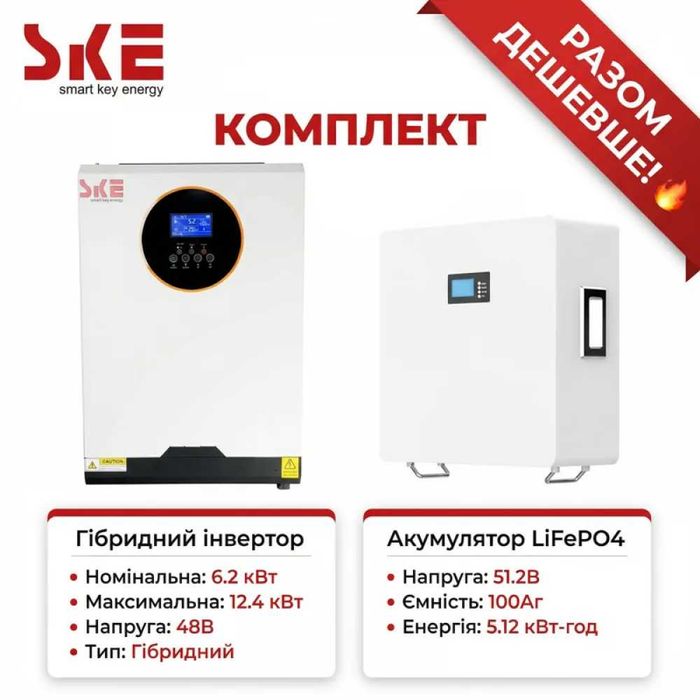 ОПТ! Комплект SKE: інвертор 6,2 кВт + батарея 5,12 кВт год | Знижки