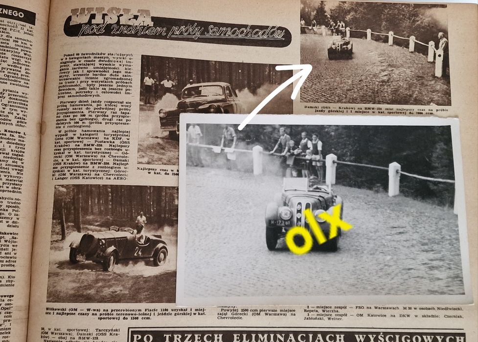 Oryginalne stare zdjęcie z Tygodnika Motor Damski BMW 328 Wisła 1952