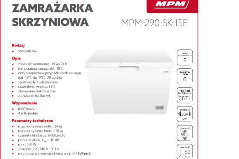 Zamrażarka Skrzyniowa MPM-290-SK-15E A++/E Duża 287L Dostępna od Ręki