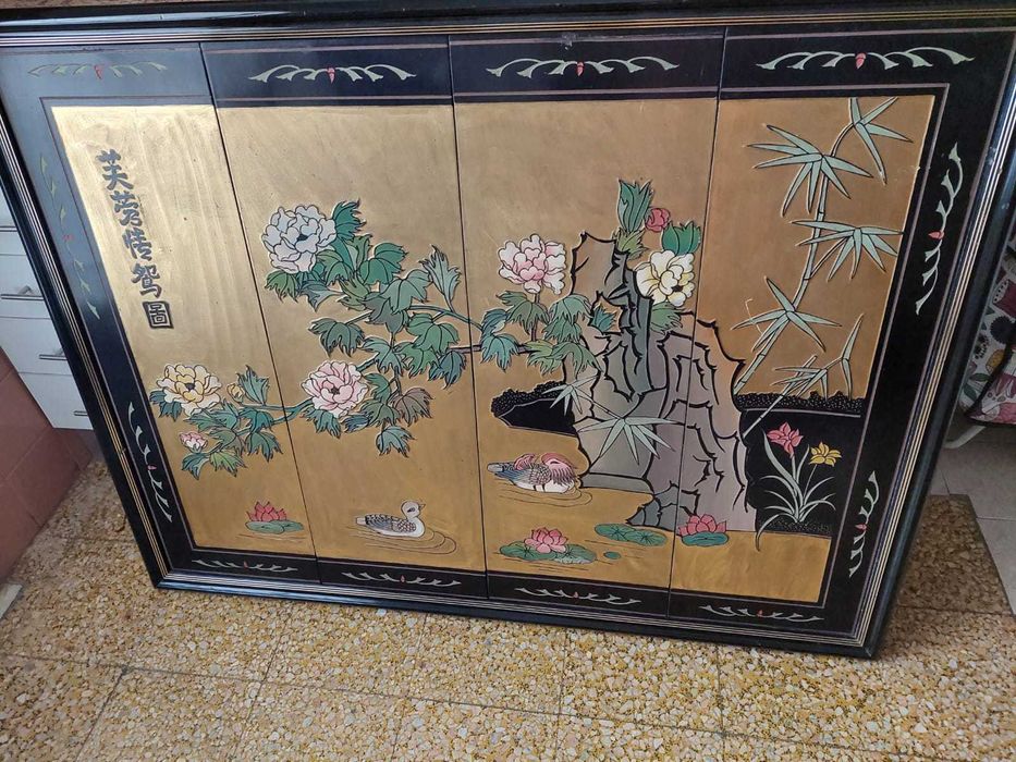 Quadro chinês antigo As 4 estações lacado com relevo