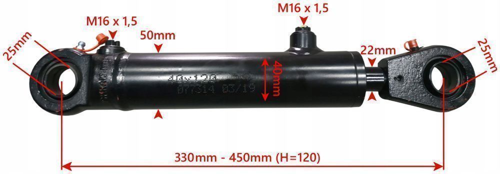 Siłownik Hydrauliczny 40x22 Skok 120 + Mocowania [7023]