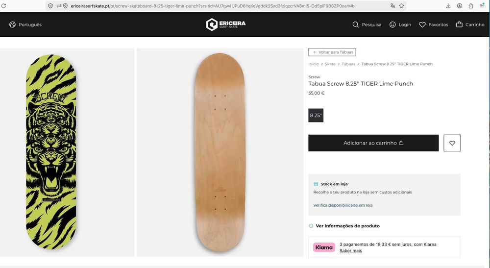 SCREW Skateboard Novo 8.25" – Tiger – Ericeira Surf & Skate
