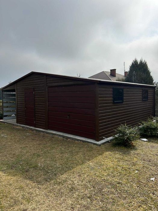 Garaż Blaszany 6x5 + Wiata 2x5 Drewnopodobny Premium Dach Dwuspadowy