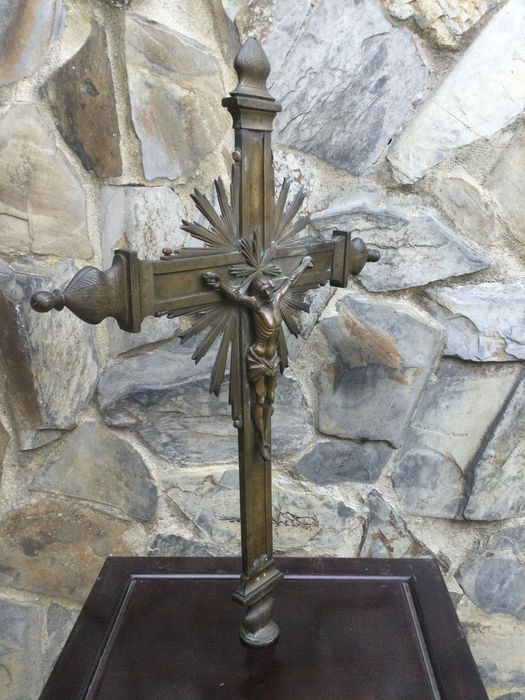 Cruz Cristo Procissão Bronze séc XVIII 52 cm Arte Sácra