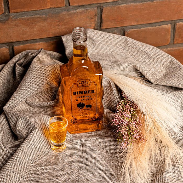 50x butelka FALA 500 ml z nadrukiem BECZKA z zakrętką na bimber wesele