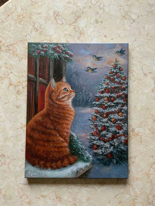 Картина олійними фарбами 'Зимова мрія котика '