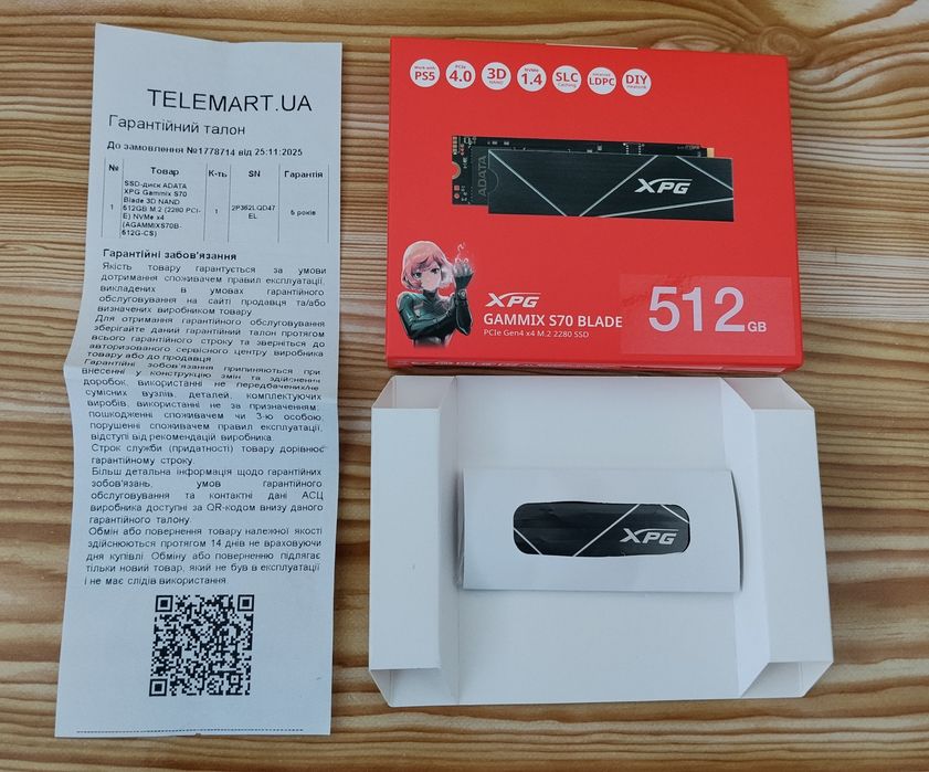 SSD XPG Gammix S70 Blade 512GB/PCIe 4.0/DRAM/3D-NAND TLC