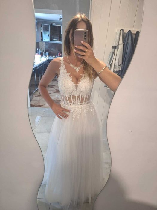 Suknia ślubna biała koronka+tiul stan idealny