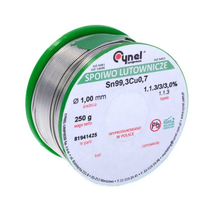 Дротяний припій безсвинцевий Sn99,3Cu0,7 1,0 мм 250 г (SN99C-1.0/0.25) CYNEL