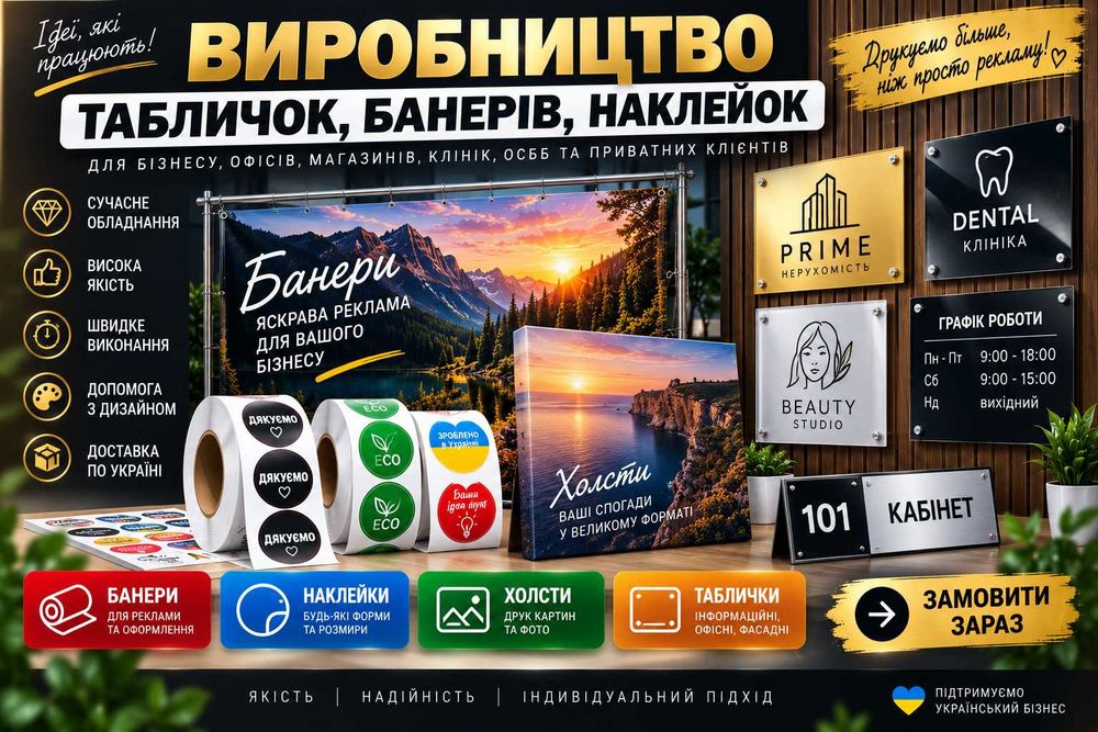 Друк банерів, наклейок табличок, з готовим макетом