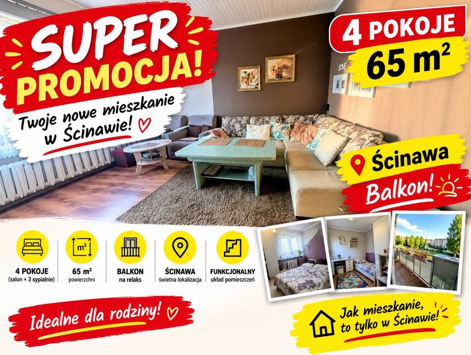 Mieszkanie 4 pokoje w bloku, 65m2, Ścinawa