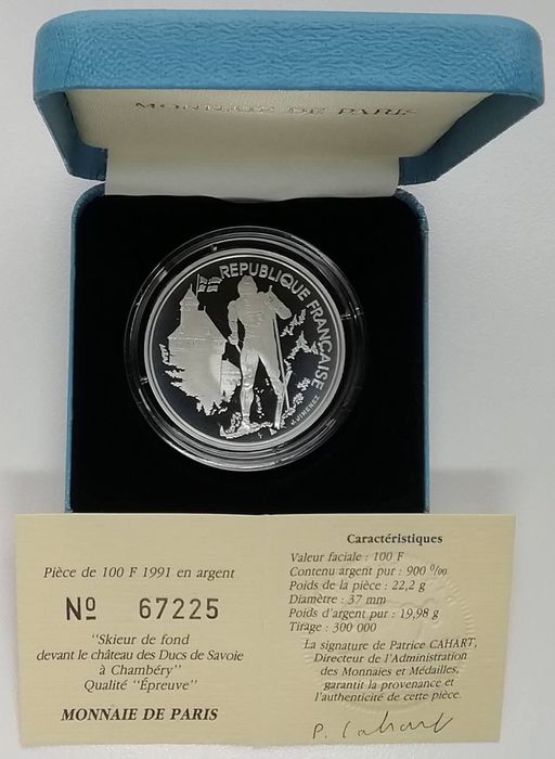 Франція 100 франків 1991р. СРІБЛО. ПРУФ. Олімпіада. Лижні гонки