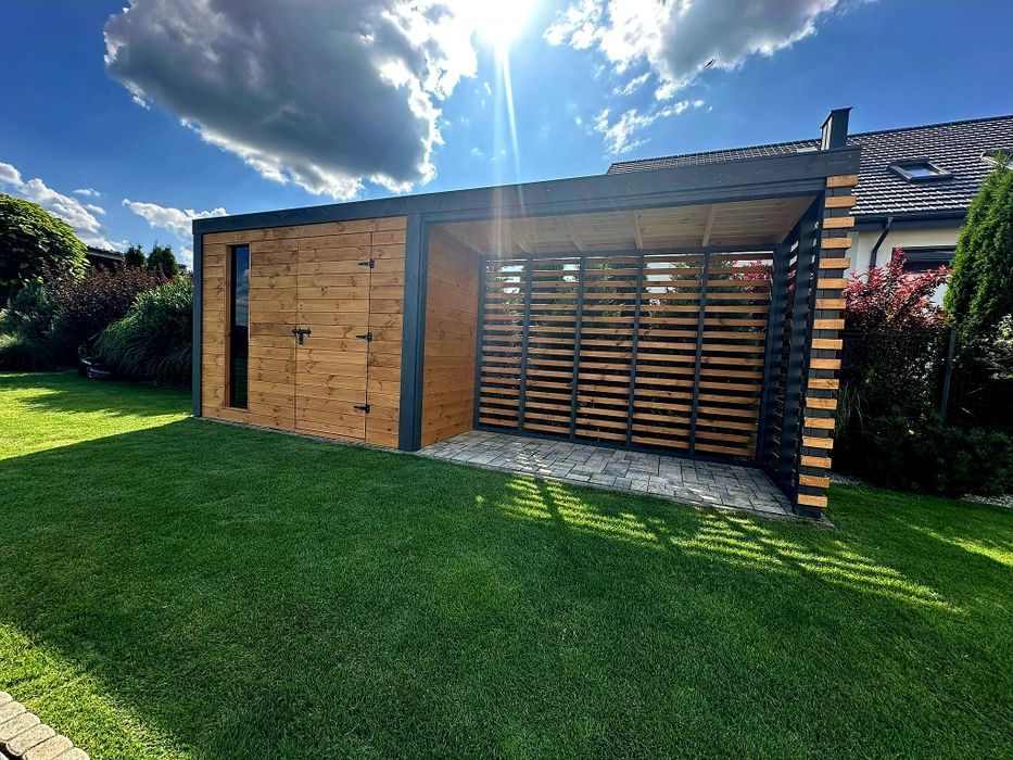 Nowoczesny Drewniany Domek Narzędziowy z wiatą VESTA 2x6m