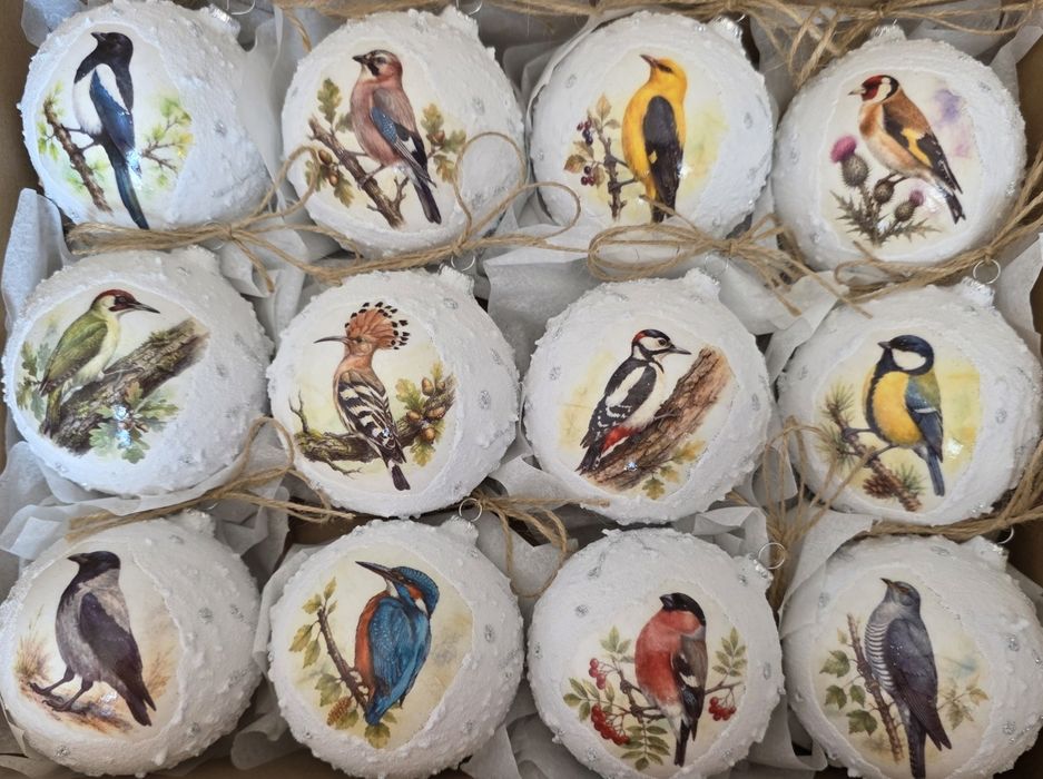 Bombki choinkowe śnieżki 80mm 8cm 12szt ptaki polskie ptaszki retro rękodzieło