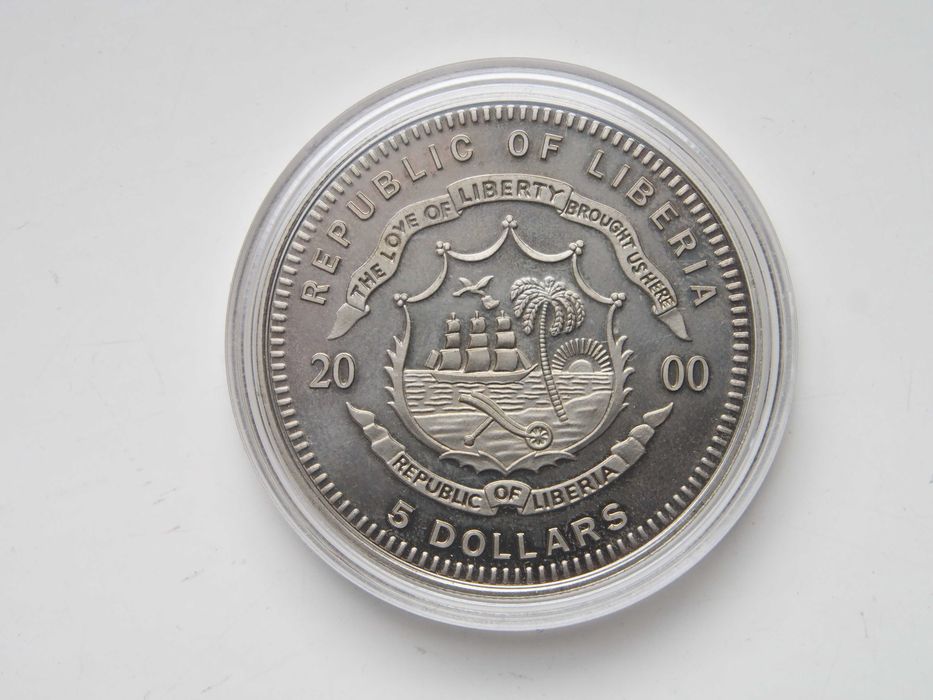 Moneta Liberia 5 dolarów, 2000 10. rocznica zjednoczenia Niemiec