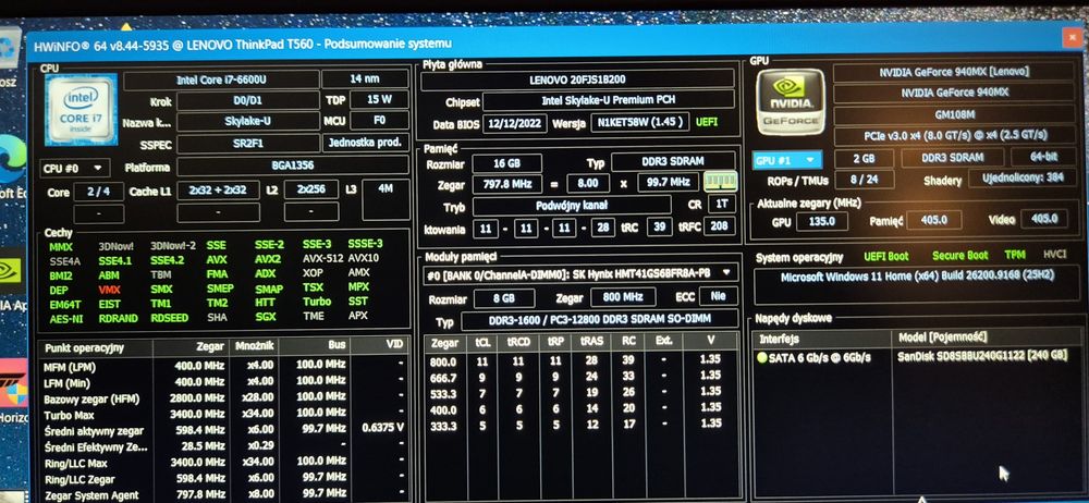 Lenovo T560 15,6' i7 6th NVIDIA GeForce  2GB FHD 16GB RAM  W11 super bateria IGŁA