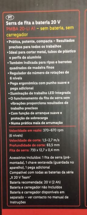 Serra de fita a bateria 20V Parkside