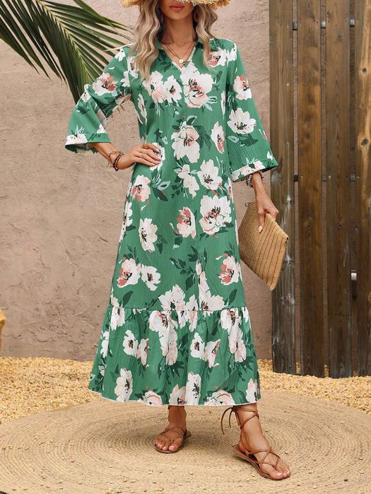 Sukienka Letnia Boho W Kwiaty Z Kołnierzykiem Maxi Zielona Shein L