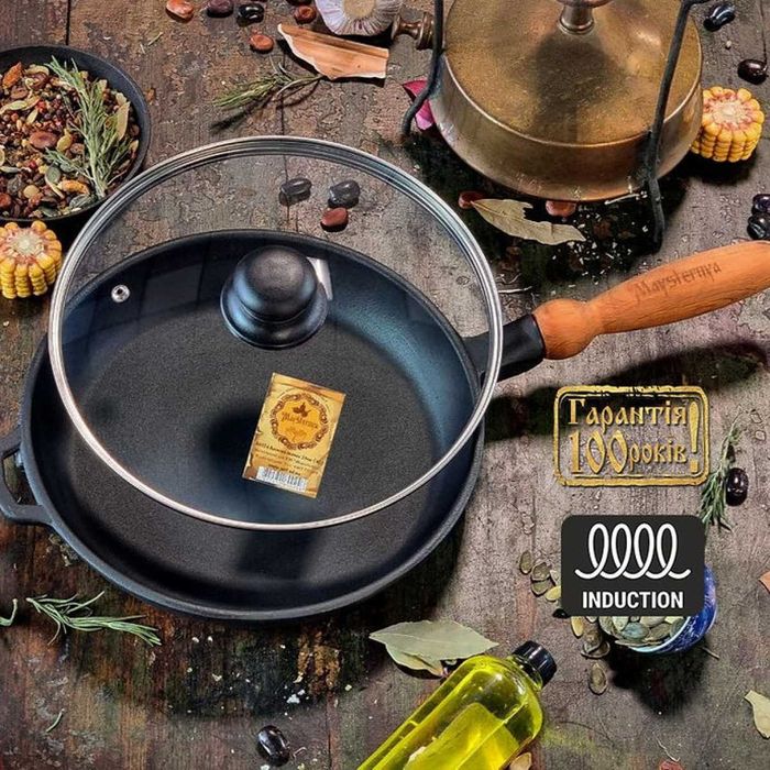 Сковорода Ø24см, борт 4см,вага 3 кг чавунна з дерев. ручкою зі скляною