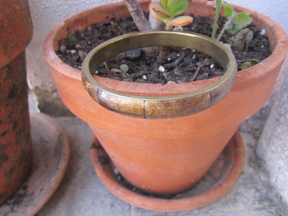Pulseira rígida vintage, estrutura de latão dourado, incrustações de chifre ou osso castanho