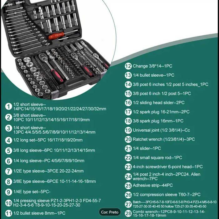 D80-Conjunto 216 PEÇAS ferramentas mecânicas em aço cromo vanádio