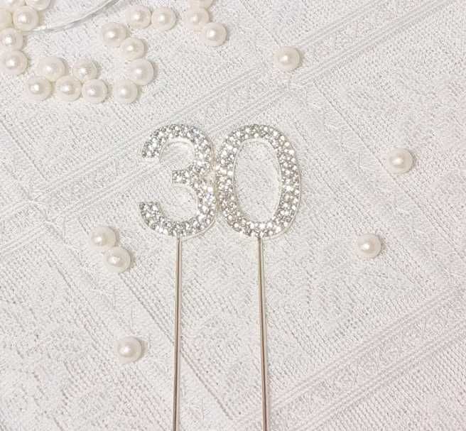 Topper na tort 30 urodziny srebrny kryształki Happy Birthday NOWY