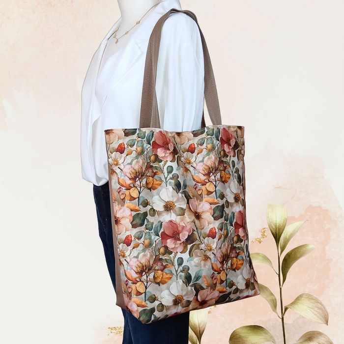 Shopper na zakupy pojemna torba w piękne kwiaty na beżowym HANDMADE