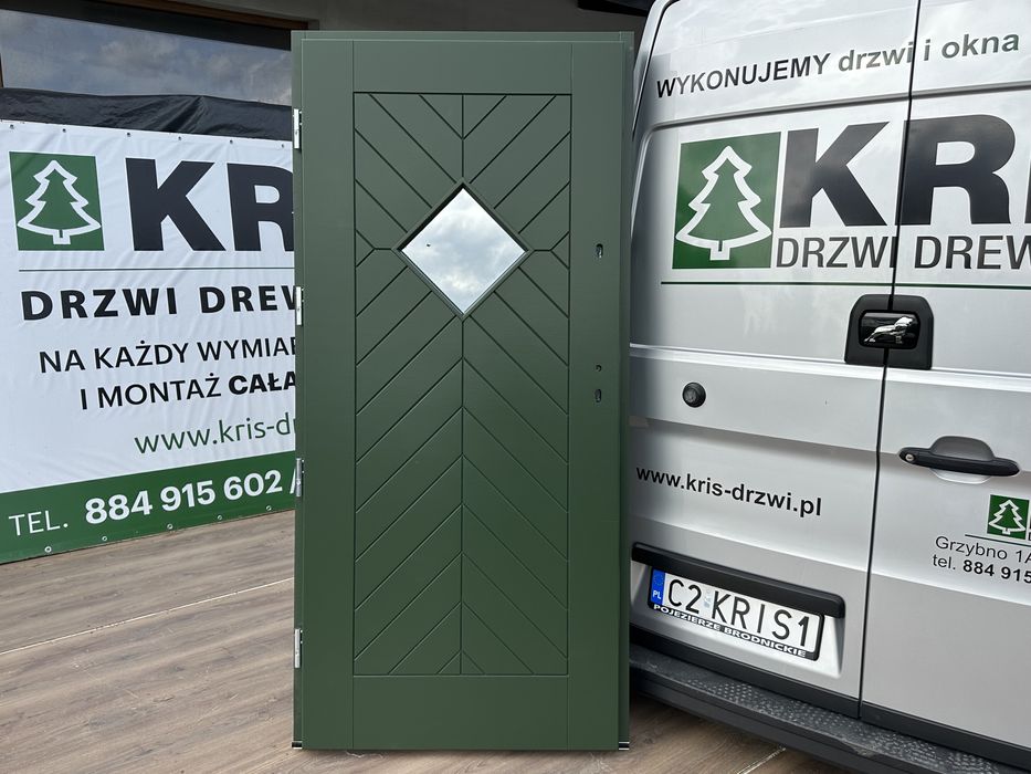 Drzwi zewnętrzne drewniane Zielone ral 6020 Montaż cala Polska i Ue