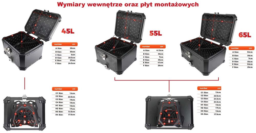 ALUMINIOWY kufer motocyklowy CZARNY 45L / 55L / 65L +PŁYTA +wykładzina