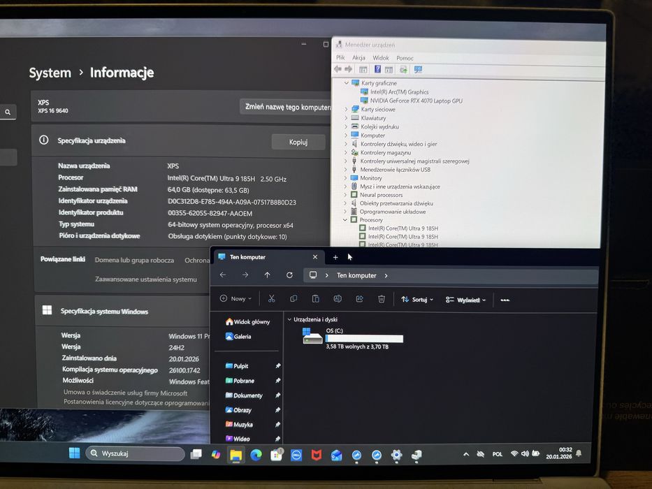 DELL XPS 16 9640 Oled Ultra 9 185H RTX 4070 64GB 4TB SSD 4k dotyk