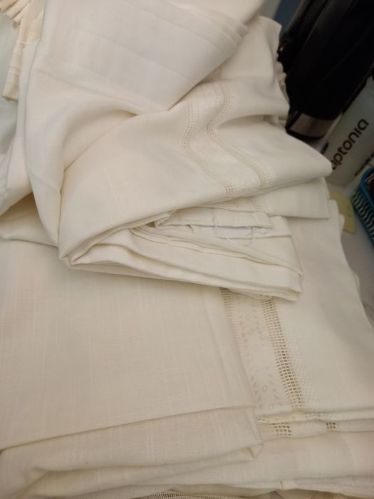 2 White Pure Linen Curtains with Appliqués
